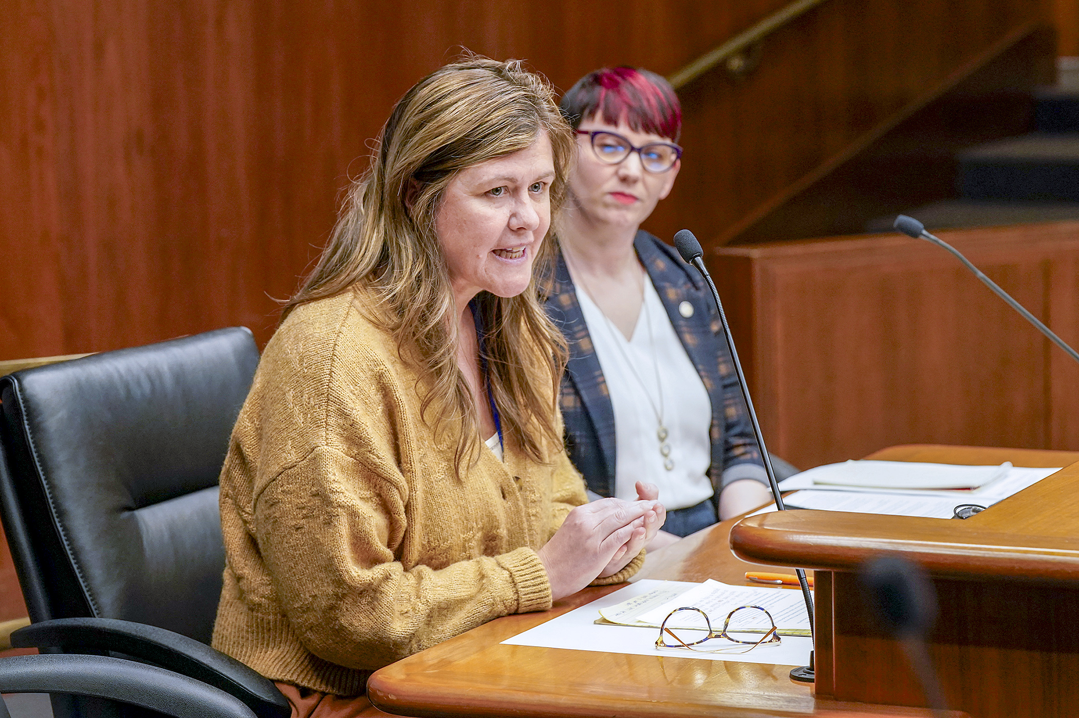 St. Anthony Middle School Principal Amy Kujawski testifies March 12 in support of a bill to ask the Minnesota School Boards Association to develop a policy on student cell phone use in schools. (Photo by Michele Jokinen)